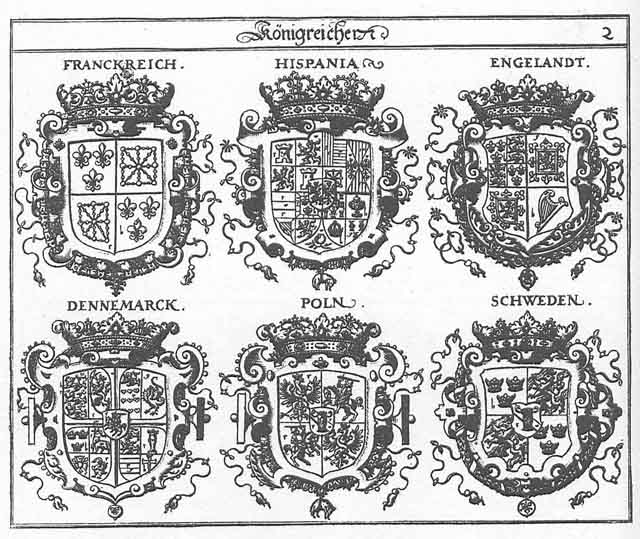 Coats of arms of Dennemarck K, Engeland K, Franckreich K, Hispanien K, Polen K, Schweden K, Spanien K
