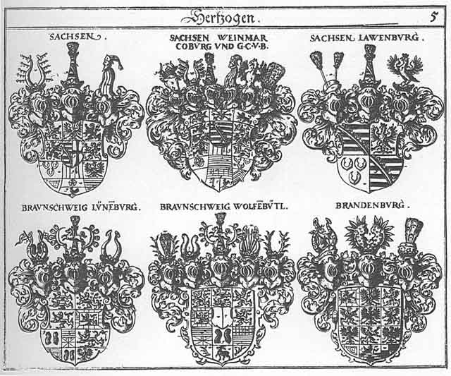 Coats of arms of Brandenburg HF, Braunschweig - Luneburg HF, Braunschweig - Wolfsenbüttl HF, Sachsen HF, Sachsen-Lawenburg, Sachsen-Weinmar