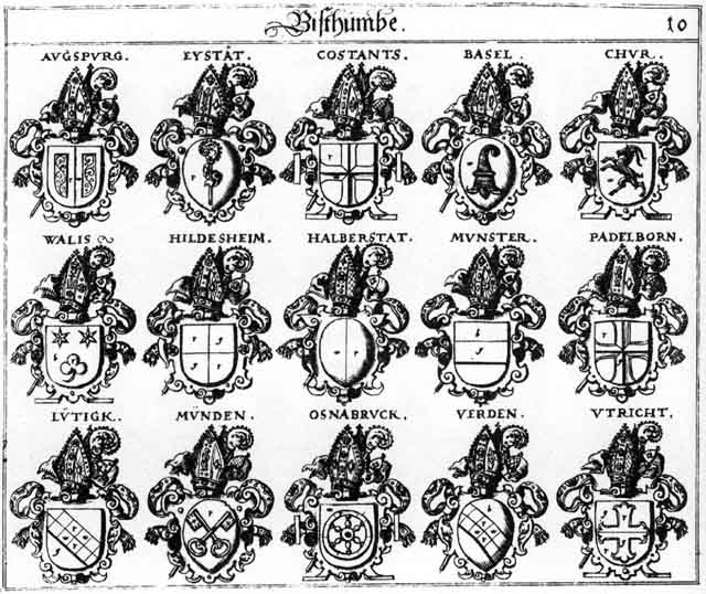 Coats of arms of Augspurg, Basel, Chur, Constantz, Costantz, Eystätt, Halberstadt, Hildesheim, Münden, Münster, Osnabruck, Padelborn, Utricht, Verden, Verthun, Walis, Wallis