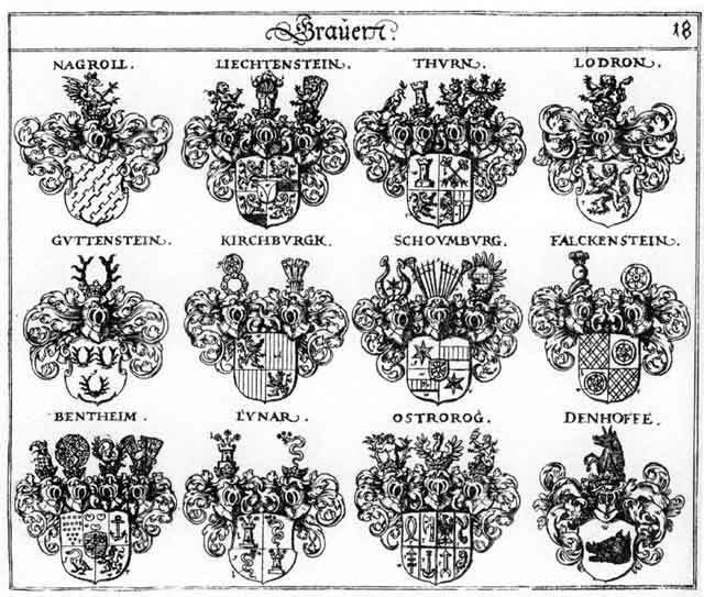 Coats of arms of Bentheim, Denhoffe, Falckenstein, Guttenstein, Kirchburg, Liechtenstein, Lodron, Lunar, Lynar, Nagroll, Ostrorog, Schoumburg, Thurn