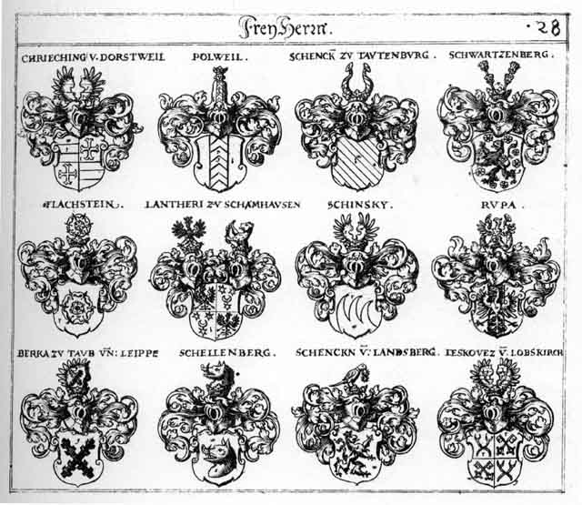 Coats of arms of Chrieching FH, Criechingen FH, Dorstweiler FH, Flachstein FH, Leipp FH, Leskovetz FH, Polveil FH, Rupa FH, Schellenberg FH, Schenck FH, Schencken FH, Schinsky FH, Schwartzenberg FH