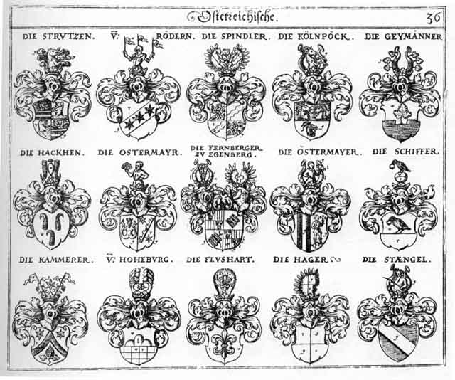 Coats of arms of Camerer, Fernberg, Fernberger, Flushart, Geymanner, Hacken, Hackhen, Hager, Hagken, Hoheburg, Hohenburg, Kammerer, Kemerer, Koelnböck, Kolnböck, Ostermayer, Rödern, Roedern, Schiffer, Spindler, Strutzen