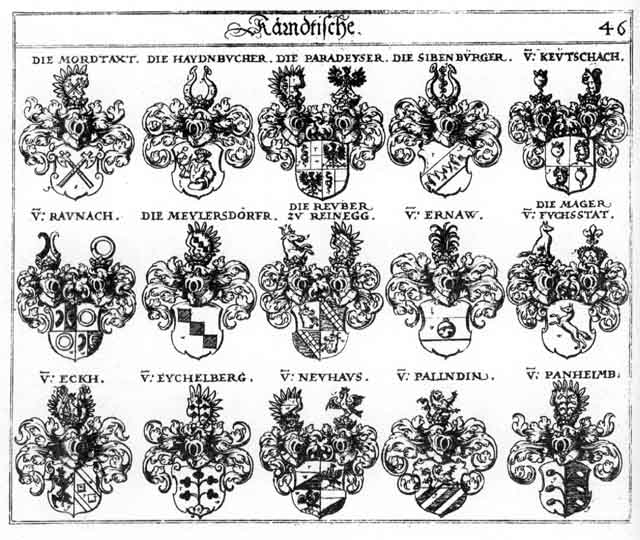 Coats of arms of Eck, Ecken, Eckh, Egg, Ehrnau, Ernau, Haydnbucher, Keutschach, Mager, Meylersdörffer, Mordaxt, Palindin, Pallndin, Panheimb, Paradeyser, Rauber, Raunach, Reuber, Sibenbürger