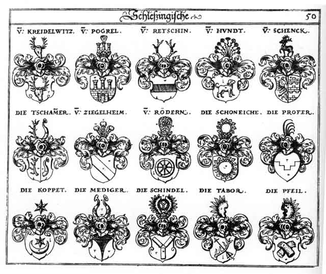 Coats of arms of Hund, Hundt, Koppet, Kreidelwitz, Mediger, Pfeil, Pfeyl, Pogrel, Proser, Retschin, Rödern, Roedern, Schenck, Schencke, Schindel, Schöneiche, Tabor, Tschammer, Ziegelheim