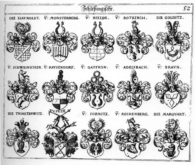 Coats of arms of Adelsbach, Bielde, Braun, Braunen, Gaffron, Golditz, Haunoldt, Haunoldten, Jornitz, Marquart, Marquarten, Monsterberg, Rauschendorff, Rotkirch, Rotkirchen, Schweinichen, Tscheterwitz