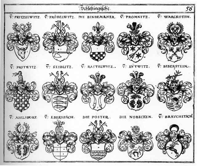 Coats of arms of Adelsdorff, Biberstein, Bindemänner, Eberspach, Fröbelwitz, Lüttwitz, Nobecken, Poster, Pritwitz, Pritzelwitz, Promniz, Rastelwitz, Seidlitz, Warckotsch