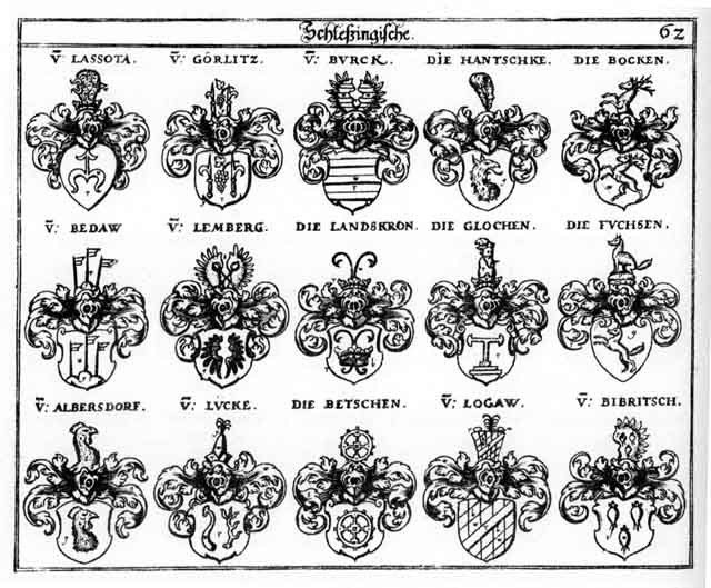 Coats of arms of Albersdorff, Bedaw, Betschen, Bibritsch, Bock, Bocken, Burck, Burcken, Fuchs, Fuchsen, Glochen, Goerlitz, Hantschke, Laffota, Landskron, Lemberg, Logaw, Lücke, Lücken
