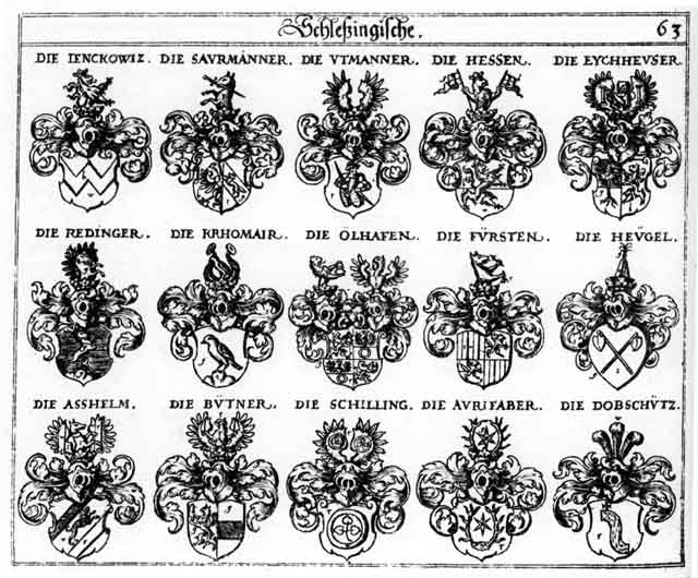 Coats of arms of Asshelm, Aurifaber, Bütner, Dobschütz, Eichheuter, Eychheujer, Fürst, Fürsten, Hess, Hessen, Jencköwitz, Krhomayr, Krohmair, Oelhasen, Reding, Redinger, Saurmänner, Schilling, Utmänner