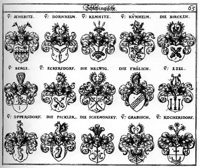 Coats of arms of Berge, Bircken, Dornheim, Eckersdorff, Ezel, Frölich, Grabisch, Helwig, Kemnitz, Kochersdorff, Oppersdorff, Pickler, Pückler, Schebitz, Schemonsky
