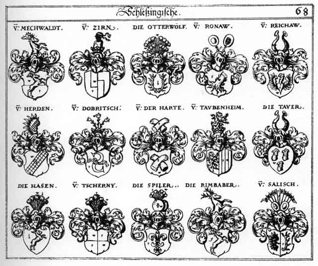 Coats of arms of Daur, Dobritsch, Haashn, Harde, Harte, Hasen, Herden, Herdt, Mechwaldt, Otterwölff, Reichaw, Rimbacher, Ronaw, Ronow, Salsch, Spiler, Taubenheim, Tauer, Tscherny, Zirn