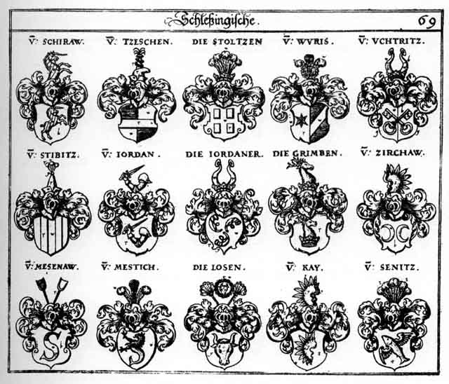 Coats of arms of Grimben, Jordan, Jordaner, Kain, Kay, Losen, Loss, Mesenaw, Mestich, Schiraw, Senitz, Stibitz, Stoltzen, Tzeschen, Uchtritz, Wuris, Zirchaw