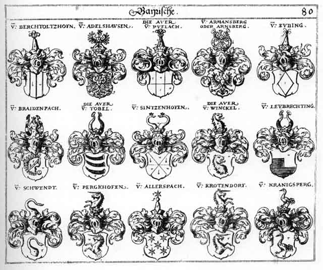 Coats of arms of Adelshausen, Allerspach, Armansberg, Arnsperg, Auer, Awer, Berchtholdtshofen, Braidenbach, Braittenbach, Eubing, Kranigsberg, Krotendorf, Leibrechting, Leubrechting, Perckhofen, Pergkhofen, Schwendt, Sintzenhofen