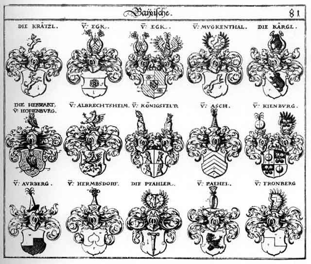 Coats of arms of Albrechtsheim, Asch Arz, Aurberg, Aurberger, Eck, Egg, Egk, Hermbsdorf, Hermsdorf, Hervart, Kaergl, Kärgl, Kenigsfeld, Koenigsfeldt, Krätzel, Mugkenthal, Pfahler