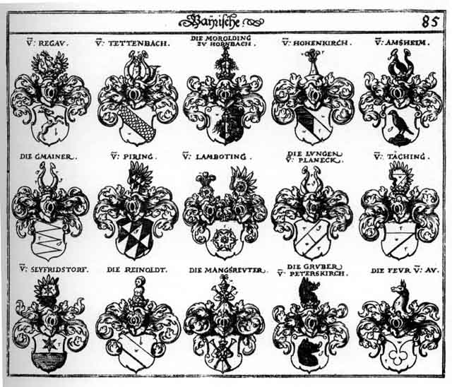 Coats of arms of Amsheim, Feuer, Gmainer, Gruber, Grueber, Hochenkirchen, Hohenkirch, Hohenkircher, Lamboting, Lungen, Mangsreuter, Morolding, Rainold, Regau, Reinold, Seyfridsdorff, Täching, Tettenbach