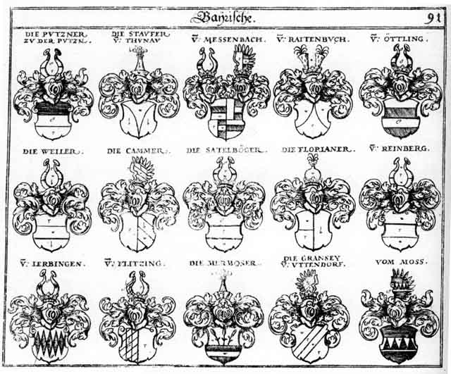 Coats of arms of Cammer, Flitzing, Florian, Florianer, Gransey, Lerbingen, Mermoser, Messenbach, Öttling, Putzner, Raitenbach, Reinberg, Satelböger, Stauff, Stauffer, Weiler, Weyler