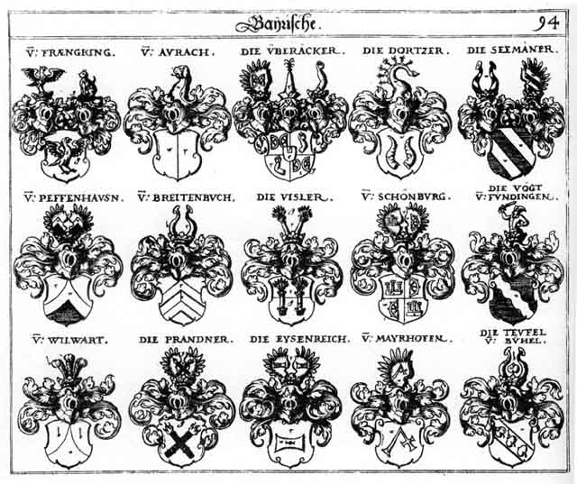 Coats of arms of Aurach, Breitenbuch, Dortzer, Eysenreich, Mairhofen, Mayrhofen, Peefenhausen, Prandner, Schönburg, Seemanner, Teuffel, Uberäcker, Visler, Vögt, Vögten, Voiten, Wilwart
