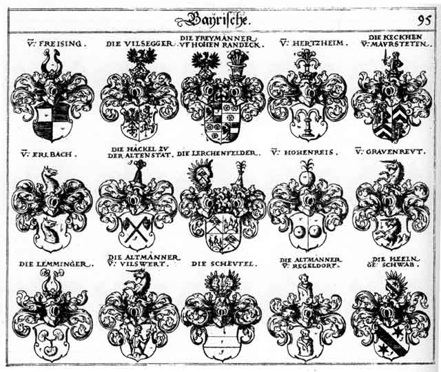 Coats of arms of Altmänner, Erelbach, Erlbach, Freymänner, Gravenreudt, Häckel, Hackhel, Haeckel, Halnhel, Heeln, Hertzheim, Höckel, Hohenreis, Holtze, Holtzer, Kecken, Lemminger, Lerchenfelder, Scheufel, Schwab, Schwaben, Schwaven, Vilsegger
