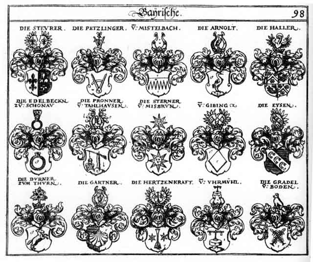 Coats of arms of Arnold, Arnolt, Durner, Edelbecken, Eisen, Eysen, Gibing, Gradel, Haller, Herzenkrafft, Misbrun, Mistelbach, Petzlinger, Pronner, Sterner, Steurer, Thurner, Turner, Uhrmühl