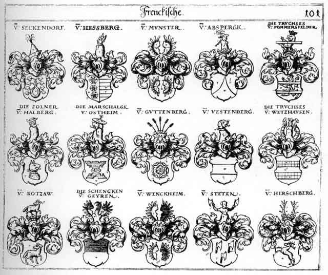 Coats of arms of Absberg, Gutenberg, Guttenberg, Hessberg, Kotzaw, Münster, Seckendorff, Steten, Stetten, Truchsesen, Vestenberg, Wenckheim, Zollner, Zolner