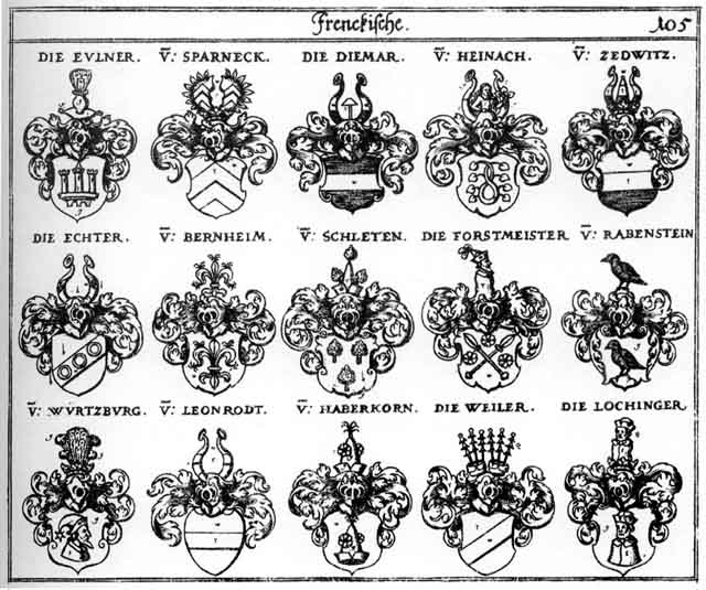 Coats of arms of Bernheim, Diemar, Echter, Eulner, Forstmeister, Haberkorn, Heinach, Leonrodt, Lochinger, Rabenstein, Rabensteiner, Schleten, Sparneck, Wirtzburger, Würtzburg, Zedwitz
