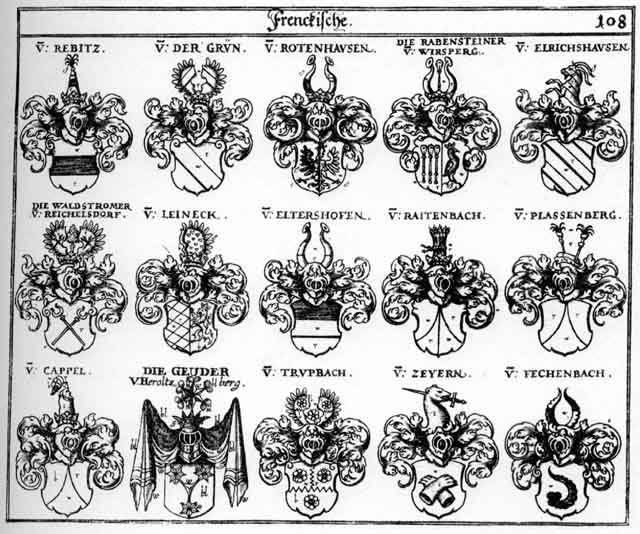 Coats of arms of Ellericbsbausen, Elrichshausen, Eltershofen, Fechenbach, Geuder, Grien, Grün, Leineck, Plassenberg, Rabenstein, Rabensteiner, Raitenbach, Rebitz, Reheböck, Repeck, Reytenbach, Rhebock, Rodenhausen, Rotenhausen, Trupbach, Waldstromer, Zeyern