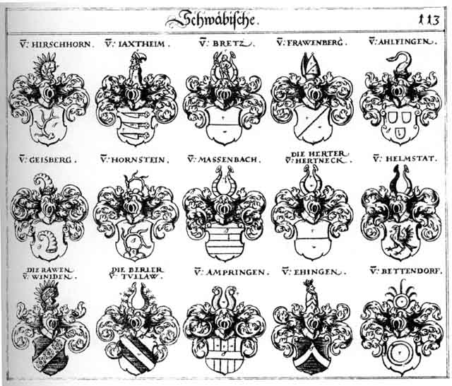 Coats of arms of Ahlfingen, Alfingen, Ampringen, Berler, Bettendorff, Bretz, Bretzen, Ehingen, Frauenberg, Frawenberg, Geisberg, Herter, Hirschhorn, Jaxtheim, Massenbach, Rawen