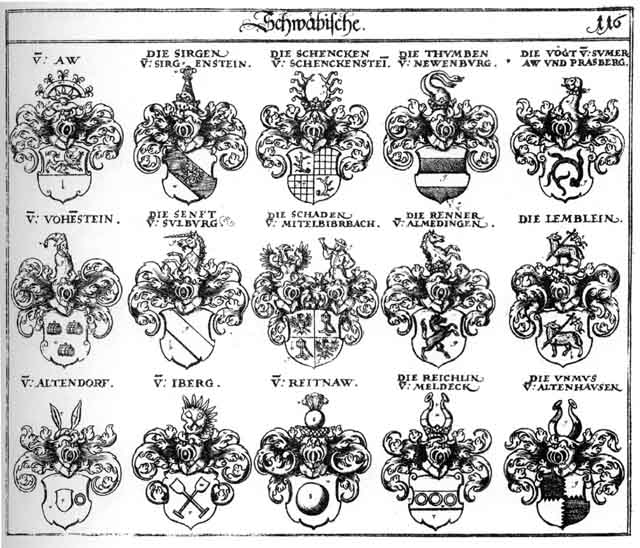 Coats of arms of Altdorff, Altendorff, Altorff, Aw, Iberg, Prasberg, Reichlin, Reitnaw, Renner, Schaden, Senfft, Senfften, Sirgen, Thumben, Tumba, Unmus, Vögt, Vögten, Vohenstein, Voiten