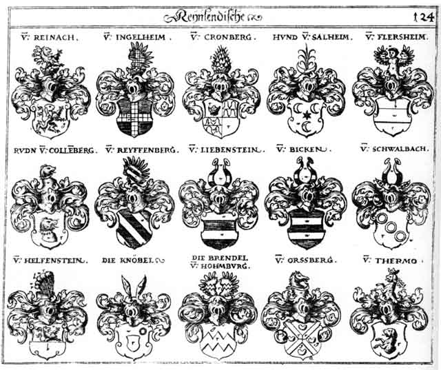 Coats of arms of Bicken, Brendel, Cronberg, Flersheim, Helfenstein, Hund, Hundt, Ingelheim, Knöbel, Liebenstein, Orsberg, Piek, Reinach, Riede, Riedt, Rüdn, Schwalbach, Thermo