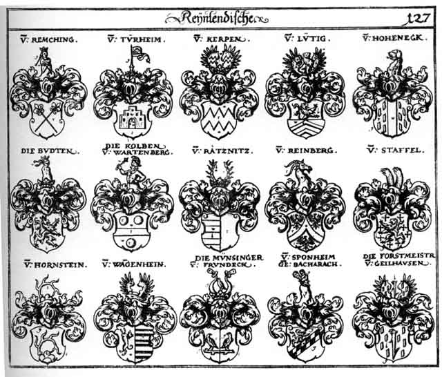 Coats of arms of Bacharach, Budten, Forstmeister, Geilhausen, Hohenegk, Kerpen, Kolben, Lütich, Lüttich, Münsinger, Raetnitz, Ratznitz, Reinberg, Remching, Sponheim, Staffel, Türheim, Wangenheim
