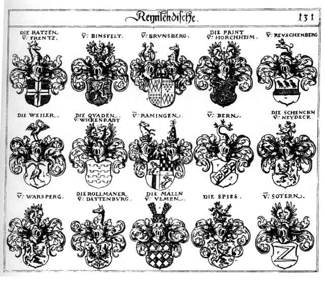 Coats of arms of Beern, Behrn, Bern, Binsfeld, Brunsberg, Dattenburg, Maellin, Mälln, Print, Quaden, Raming, Ramingen, Rammingen, Ratzen, Reuschenberg, Rollmänner, Sotern, Spies, Warsberg, Warsperg