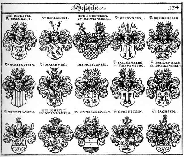 Coats of arms of Berlepsch, Breidenbach, Breidenstein, Breitenstein, Falckenberg, Hohenstein, Hohensteiner, Hundelshausen, Malsburg, Riedesel, Sachs, Sachsen, Schetzel, Wallenstein, Wildtungen, Windthausen