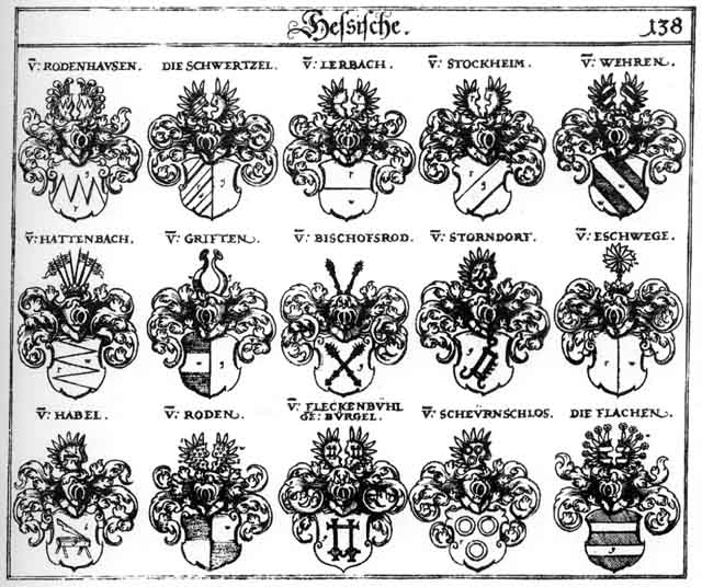 Coats of arms of Bischofsrod, Eschwege, Flachen, Fleckenbühl, Griften, Habel, Hattenbach, Lerbach, Roden, Rodenhausen, Rodr, Roten, Rotenhausen, Roth, Scheurnsohler, Schwertzel, Stockheim, Storndorff, Wehren