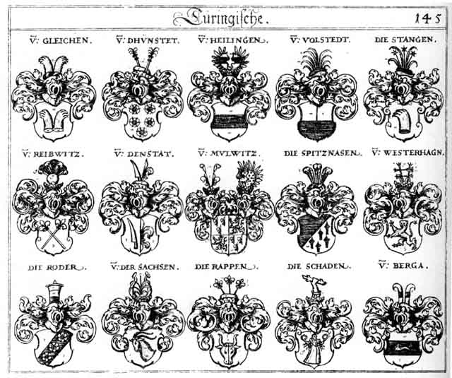 Coats of arms of Dennstatt, Dhunstett, Gleichen, Heilingen, Mülwitz, Rappen, Reibwitz, Röder, Roeder, Sachs, Sachsen, Schaden, Spitznasen, Stangen, Westerhagen
