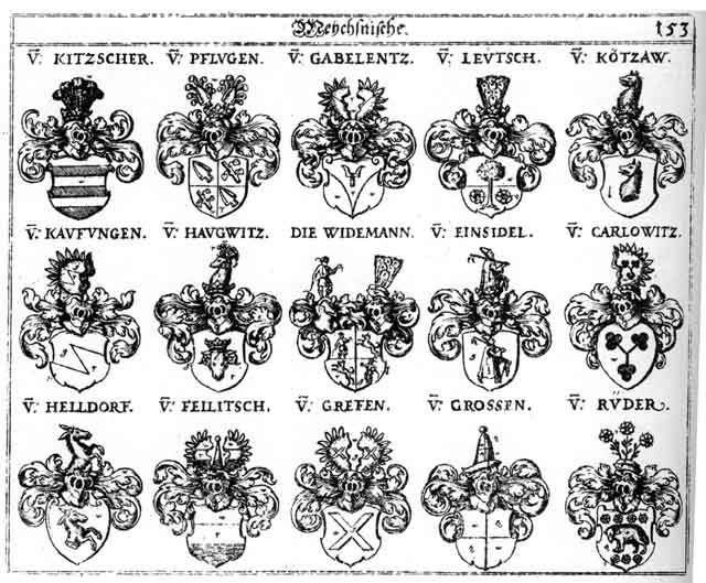 Coats of arms of Carlowitz, Einsiedel, Feilitsch, Gabelentz, Grefen, Greffen, Gross, Grossen, Haugwitz, Helldorff, Kauffungen, Kitscher, Koetzaw, Kötzaw, Leutsch, Pflug, Pflugen, Rieder, Rüder, Widemann, Widenmänner, Widmann
