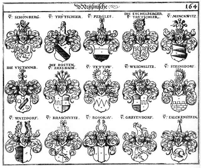 Coats of arms of Bosokau, Dosten, Draschwitz, Eychelberger, Falckenstein, Grefendorff, Minckwitz, Pergles, Schönberg, Steinsdorff, Tettaw, Trütschler, Victhumb, Weichslitz
