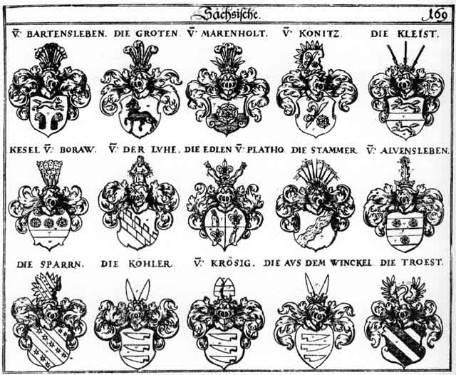 Coats of arms of Alvensleben, Bartensleben, Groten, Kessel, Kleist, Koenitz, Köhler, Köler, Könitz, Krösig, Marenholt, Platho, Plato, Sparn, Sparr, Sparrn, Troest, V der Lüche, Winckel