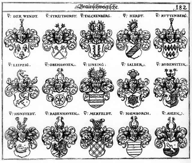 Coats of arms of Ahlen, Bodenstein, Falckenberg, Haimborch, Herden, Herdt, Honstedt, Leipzig, Leipziger, Linsing, Linsingen, Oberhausen, Podenstein, Radenhausen, Ruttenberg, Salder, Streithorst
