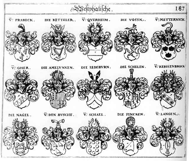 Coats of arms of Amelunxsen, Busche, Fincken, Kessenbrock, Ketteler, Kötler, Lang, Langen, Ledeburn, Metternich, Nagel, Oher, Prabeck, Querheim, Schael, Schelen, Vincken, Vos, Vossen