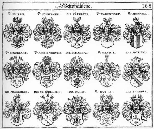 Coats of arms of Aschenbruch, Dincklage, Hoyte, Kappeler, Korff, Melschede, Meppen, Morien, Schaden, Schörlemer, Schwemcke, Stemppel, Varendorff
