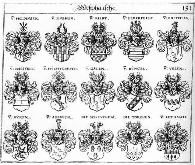 Coats of arms of Assbeck, Boetzelen, Büren, Düngel, Elverfeldt, Galen, Holdinge, Holdingen, Hüchtebruch, Knehem, Rassfeld, Riedt, Riet, Ruedt, Schenckingk, Torcken, Velen
