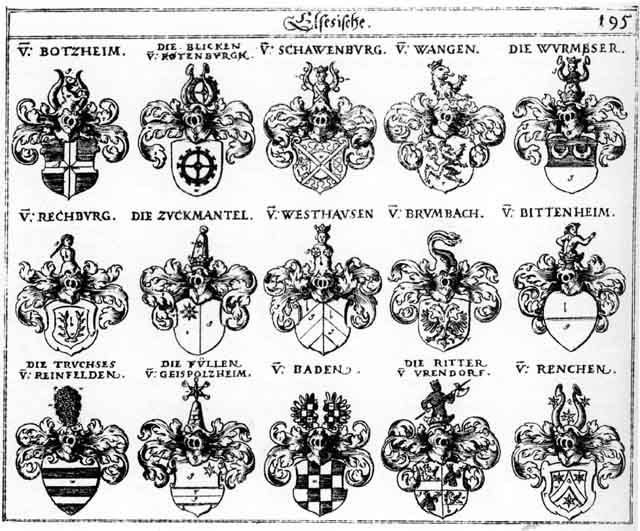 Coats of arms of Baden, Bittenheim, Blick, Blicken, Botzheim, Brumbach, Füllen, Rechburg, Rechburger, Renchen, Ritter, Schauenburg, Schawenburg, Wangen, Westhausen, Wurmbser, Zuckmantel