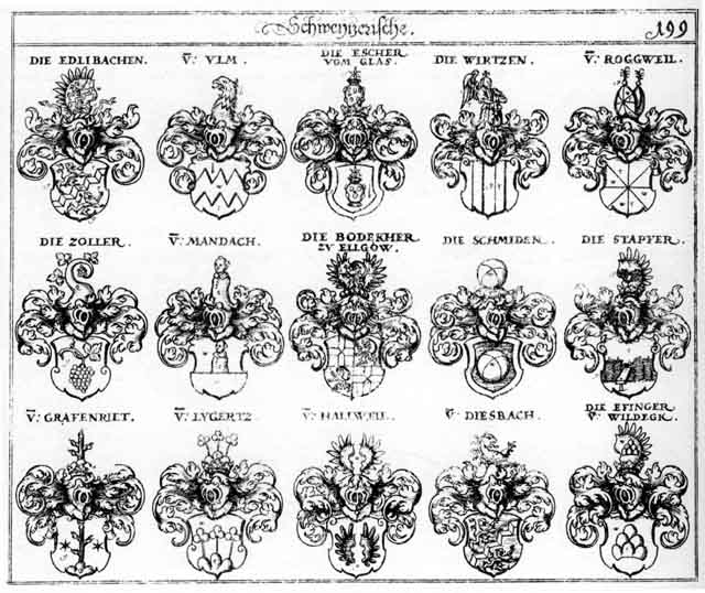 Coats of arms of Bodeck, Bodecker, Diesbach, Edlibachen, Effinger, Escher, Grafenriedt, Gravenriedt, Hallweil, Lygertz, Mandach, Schmidt, Schmidten, Schmit, Stapfer, Ulm, Wirtzen, Zoller