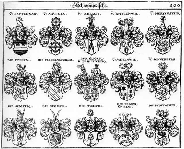 Coats of arms of Elmer, Erlach, Feeren, Fehren, Fleckenstein, Fleckensteiner, Gilgen, Hertenstein, Hilficken, Lauternaw, Megken, Metenwil, Mülinen, Segiser, Sonnenberg, Stoufacher, Tschudi, Veeren, Wattenwil