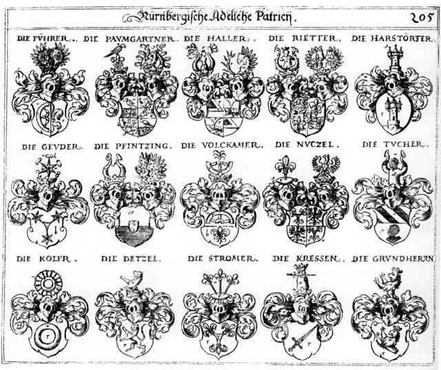Coats of arms of Baumgartner, Color, Detzel, Führer, Geuder, Grundherrn, Haller, Harstörfer, Kohler, Koler, Koller, Nützel, Paumgartner, Pfinzing, Rieder, Rietter, Stromer, Tucher, Volckamer