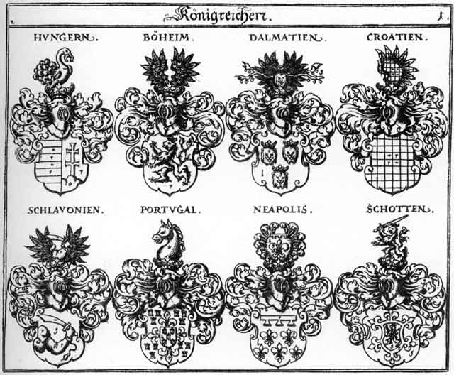 Coats of arms of Böheim K, Croatien K, Hungarn K, Neapolis, Portugall, Schlavonien, Schotten Kon
