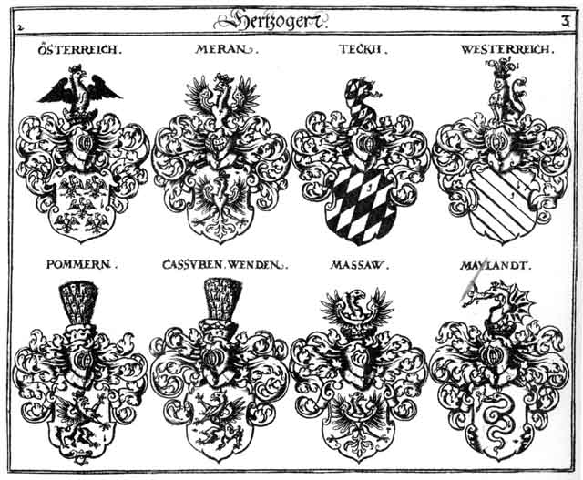Coats of arms of Cassuben, Massaw HF, Mayland HF, Meiland HF, Pommern HF, Teckh HF, Wenden HF, Westerreich HF