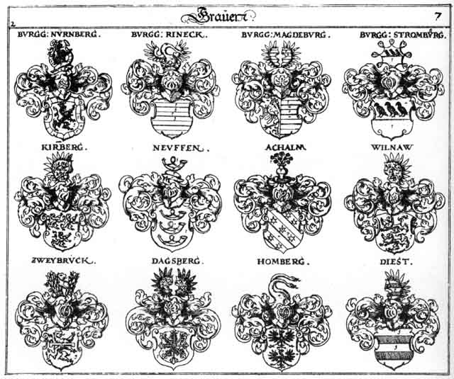 Coats of arms of Achalm, Dachsberg, Dagsberg, Diest, Hohmberg, Homberg, Kirnberg, Magdeburg Bgr, Neuffen, Nürnberg, Reinech, Rineck, Stromburg, Willnaw, Zweybrück