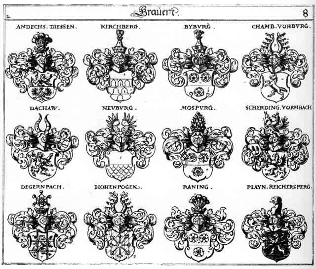 Coats of arms of Andechs, Byburg, Chamb, Dachaw, Degernbach, Diessen, Hohenbogen, Kirchberg, Neuburg, Neuenburg, Newburg, Playn, Raning, Reichersperg, Scherding, Vohburg, Vormbach