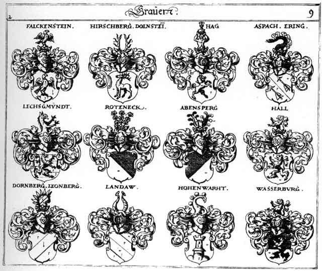 Coats of arms of Abensperg, Aspach, Dolstein, Dornberg, Ering, Falckenstein, Hag, Hagen, Hall, Hirschberg, Hohenwart, Landauer, Landtau, Lechsgmündt, Leonberg, Roteneck, Wasserburg