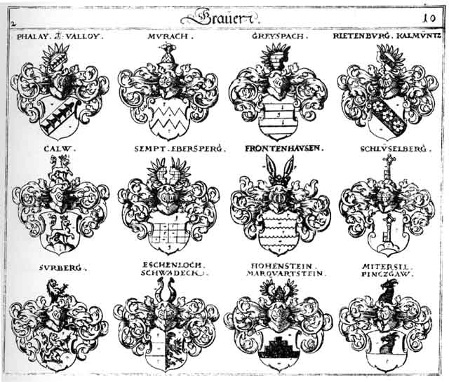 Coats of arms of Calw, Ebersperg, Eschenloch, Frontenhausen, Greyspach, Hohenstein, Kalmüntz, Marquärtstein, Mitersil, Murach, Phalay, Pintzgaw, Rietenburg, Schlüsselberg, Schwadeck, Sempt, Surberg, Valloy